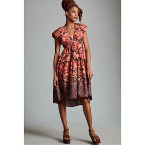 NEW By Anthropologie Deep V-Neck Puff Sleeve Bow Tie Back Babydoll Dress Size 2